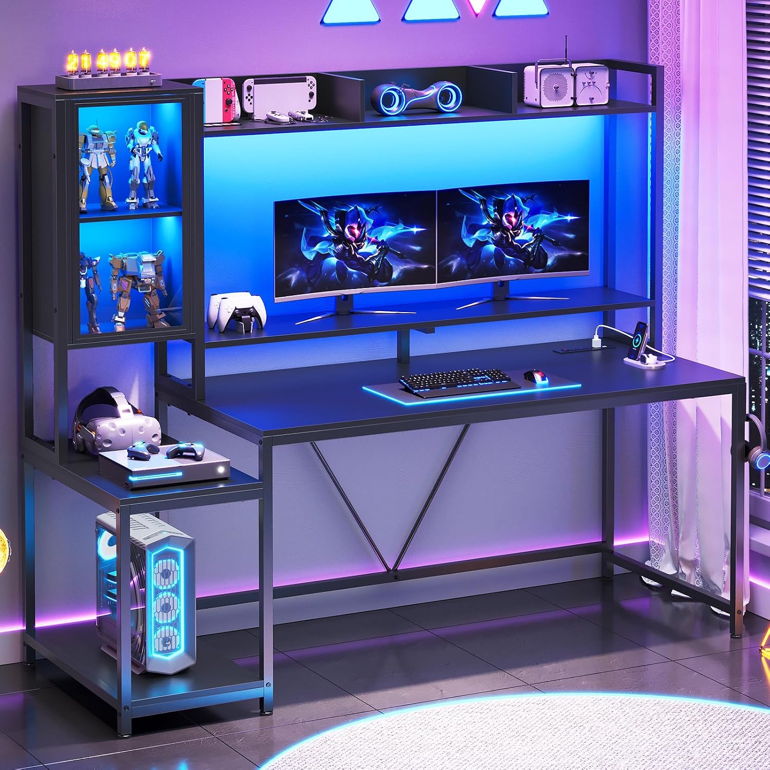Black Gaming Desk with Hutch, LED Lights & Storage