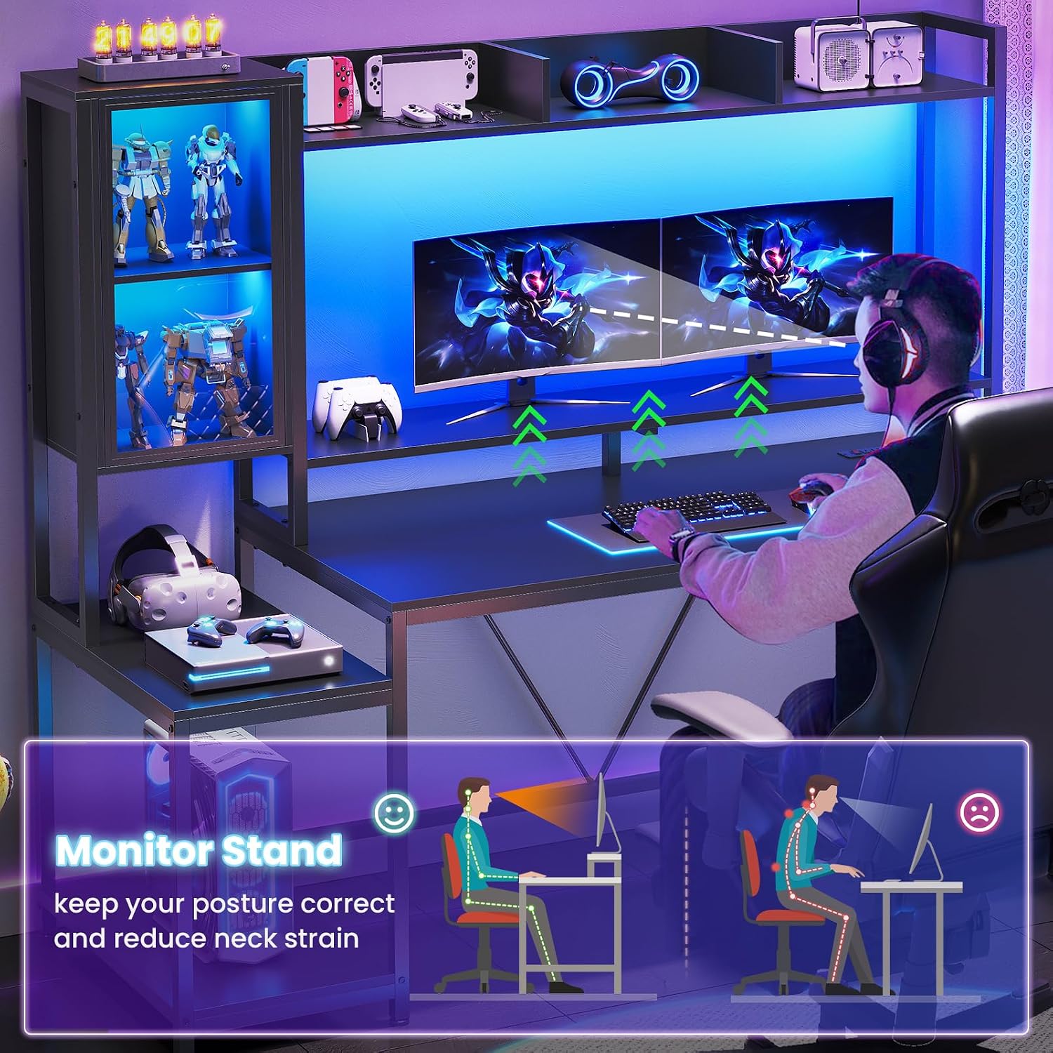 Black Gaming Desk with Hutch, LED Lights & Storage