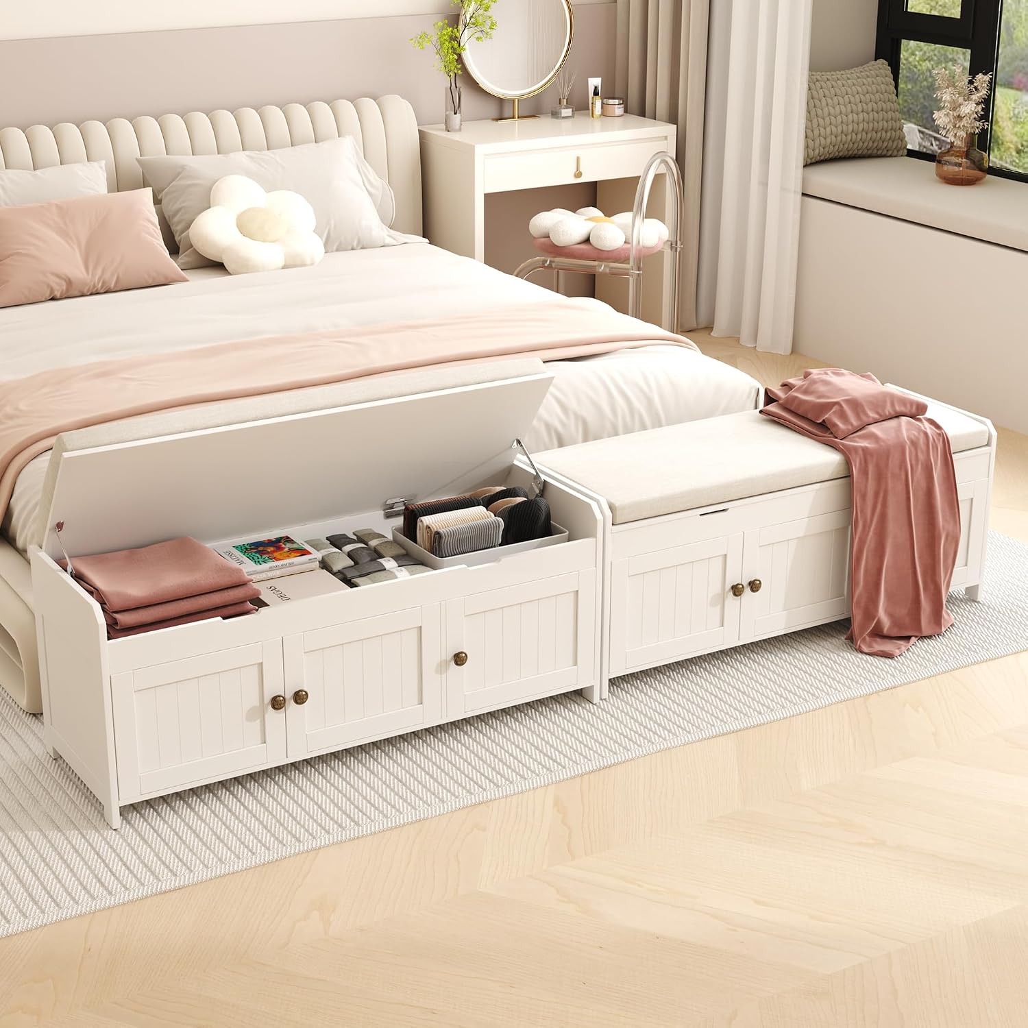 White Lift‑Top Storage Entryway Shoe Bench