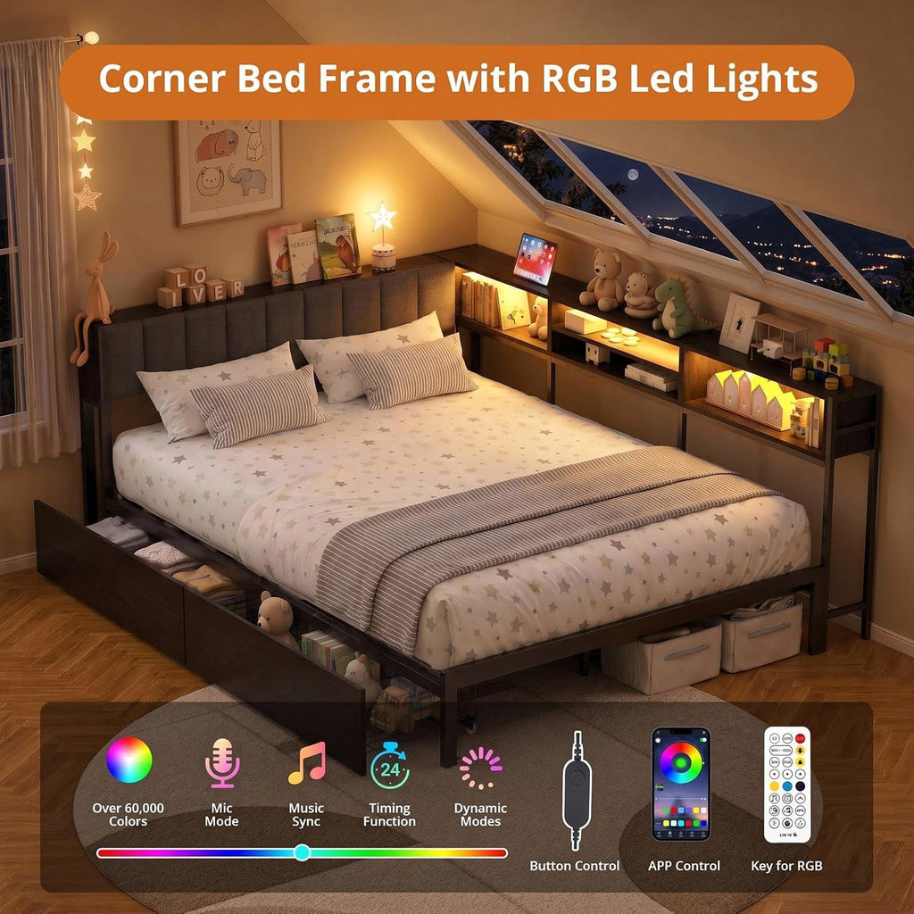 Grey RGB Corner Full Storage Bed