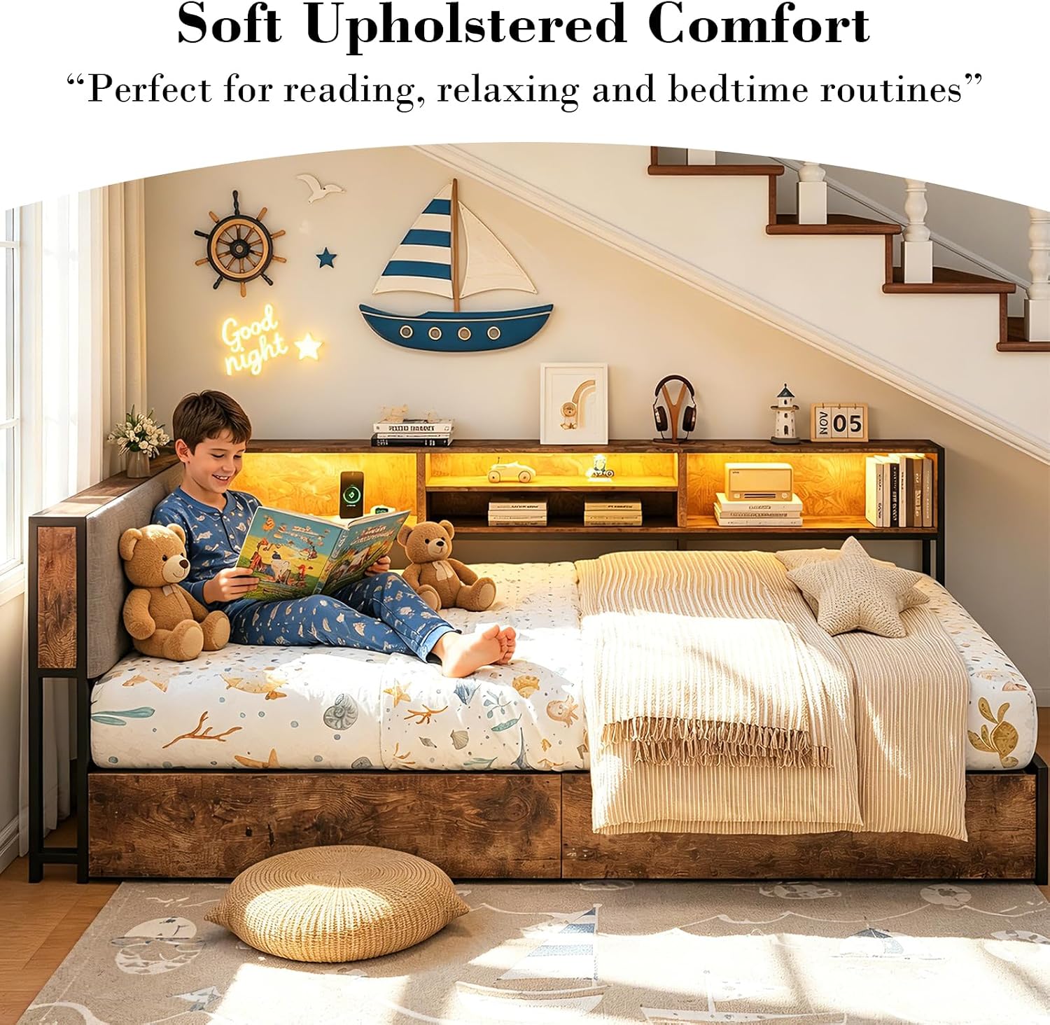 Brown LED Corner Twin Bed with Storage
