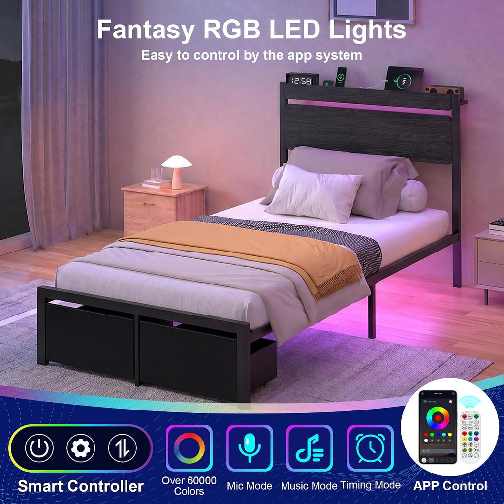 LED Storage Twin Platform Bed Frame