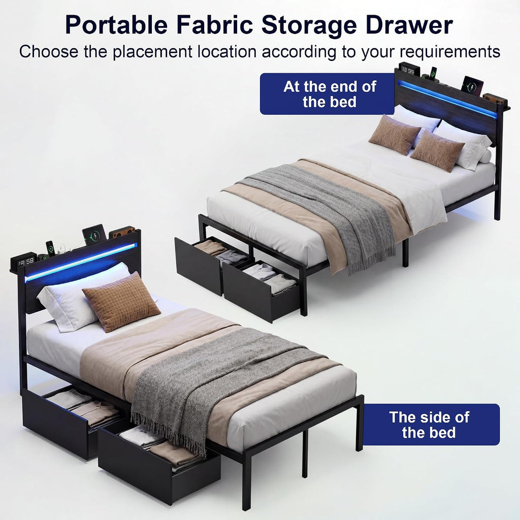 LED Storage Twin Platform Bed Frame