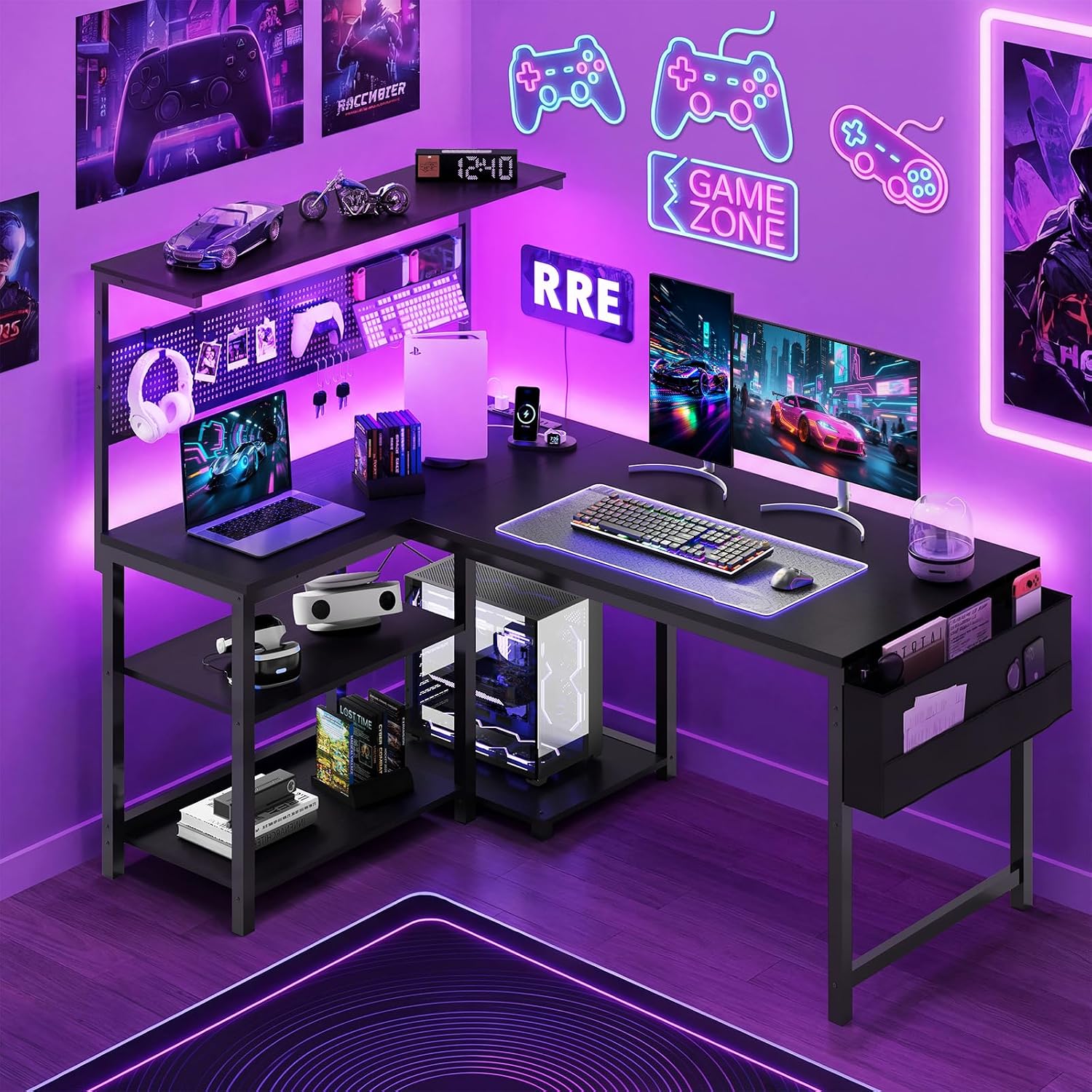 Black L‑Shaped Gaming Desk with Pegboard & LED Lights