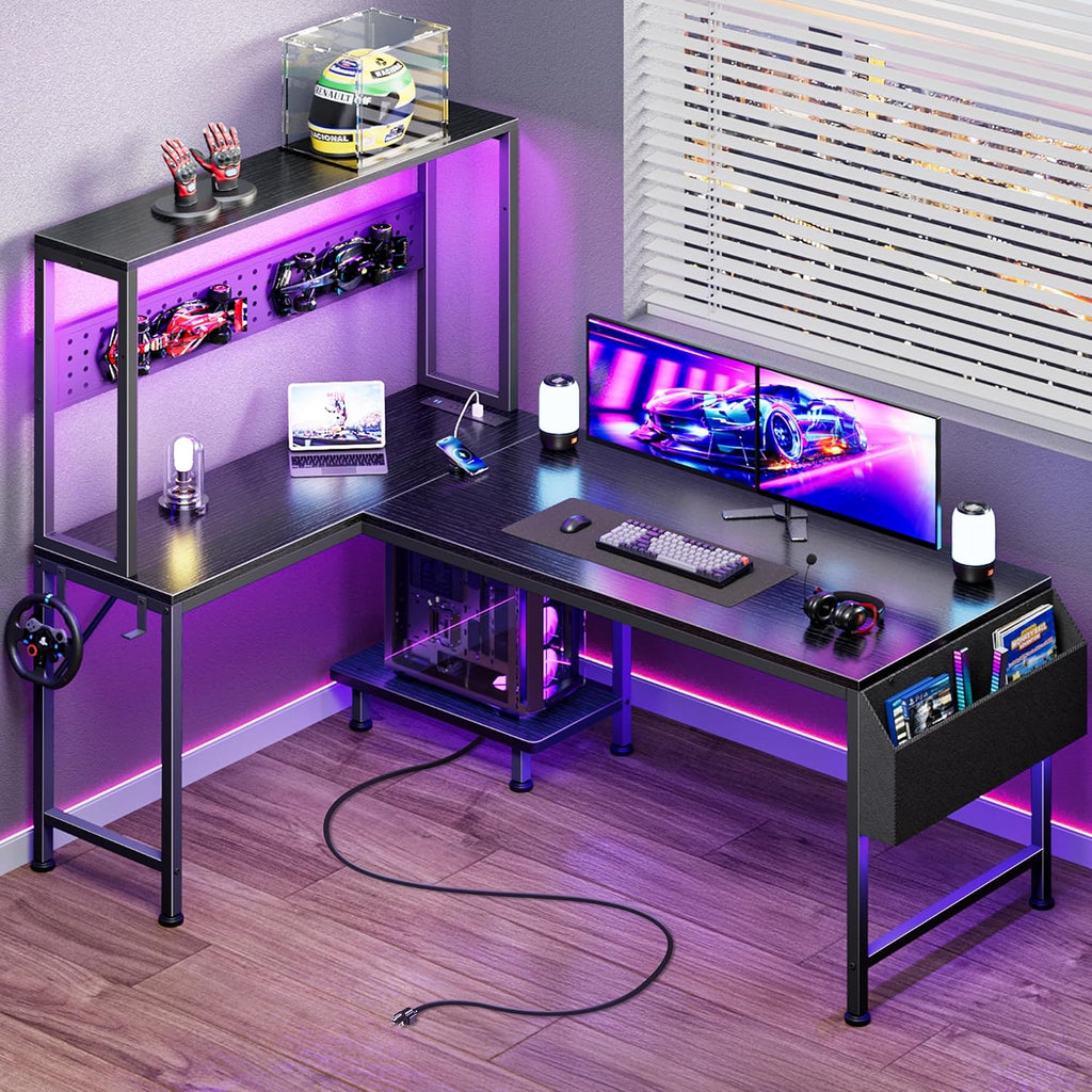 Black L‑Shaped Gaming Desk with LED & Power Outlets