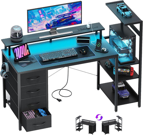 Black Gaming Desk with Drawers, LED & PC Tower Stand