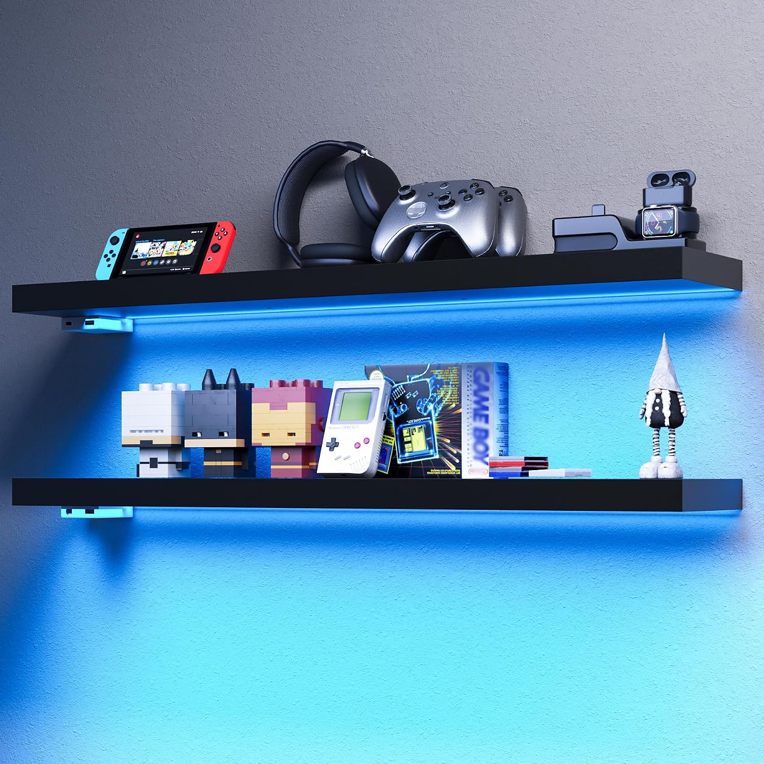 Black RGB LED Wooden Floating Wall Shelves Set of 2