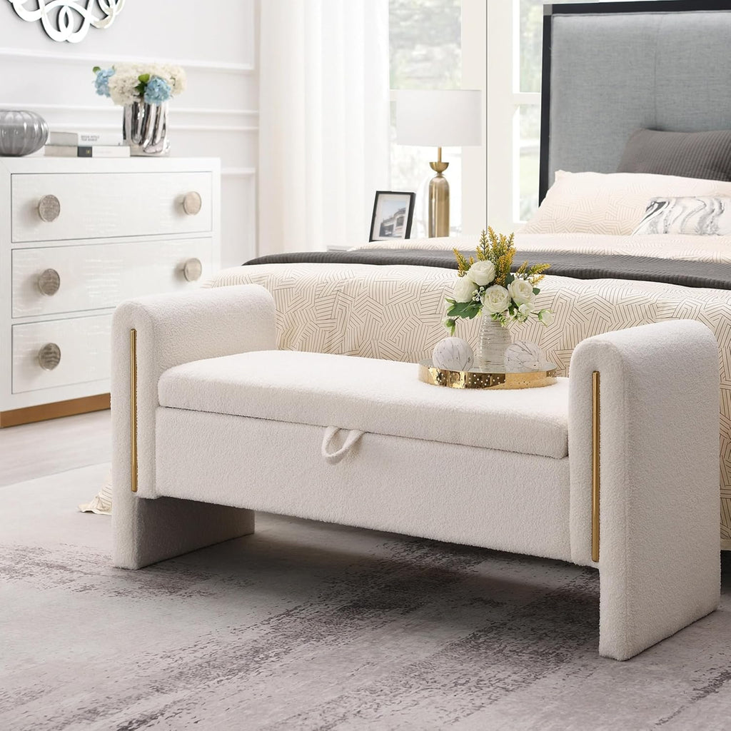 White Teddy Fabric Storage Ottoman Bench