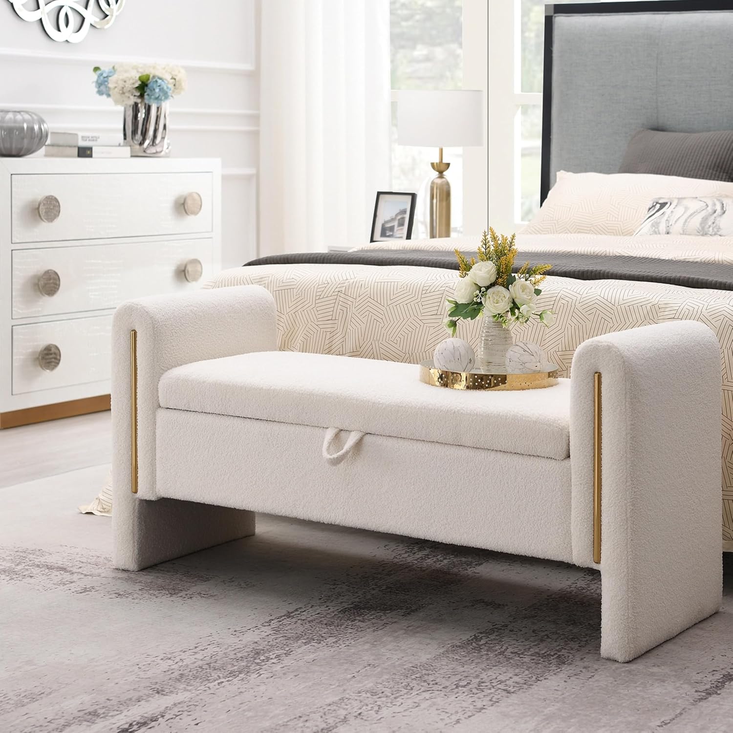 White Teddy Fabric Storage Ottoman Bench