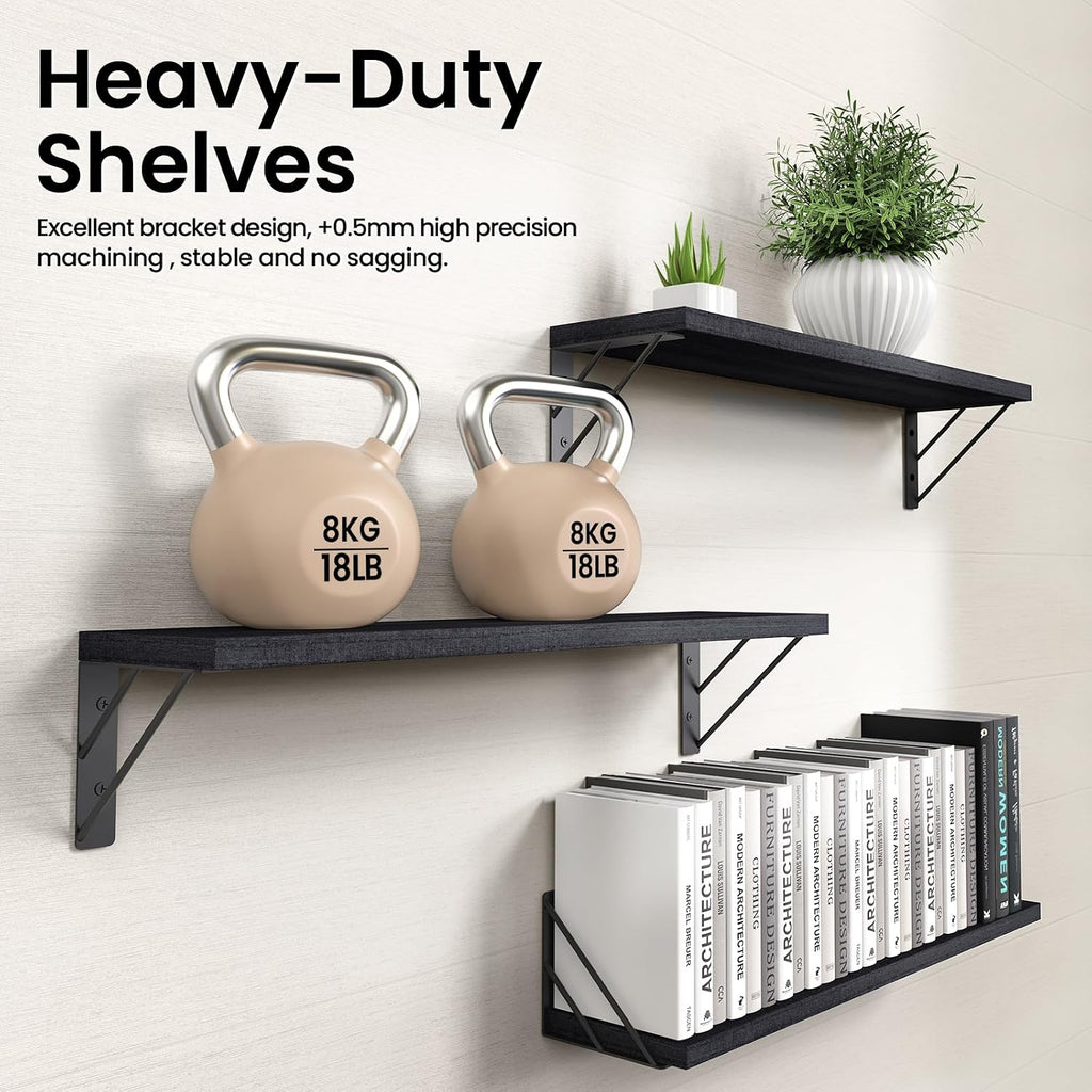 Black Wood Floating Wall Shelves Set of 3