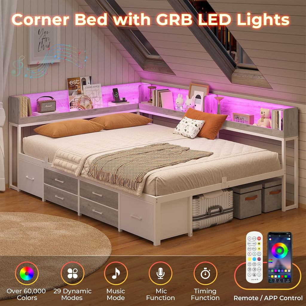 White‑Oak Full Corner Daybed with Drawers & LED Charging Station