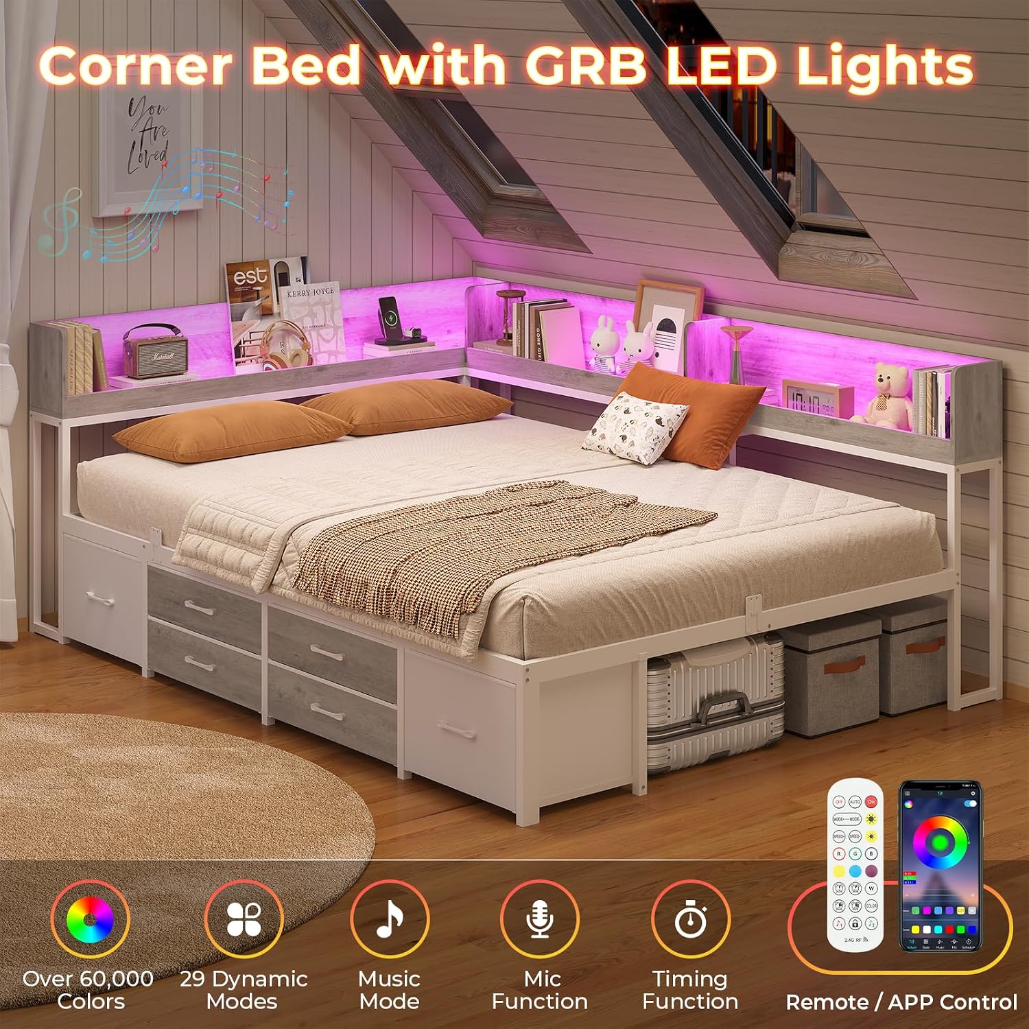 White‑Oak Full Corner Daybed with Drawers & LED Charging Station