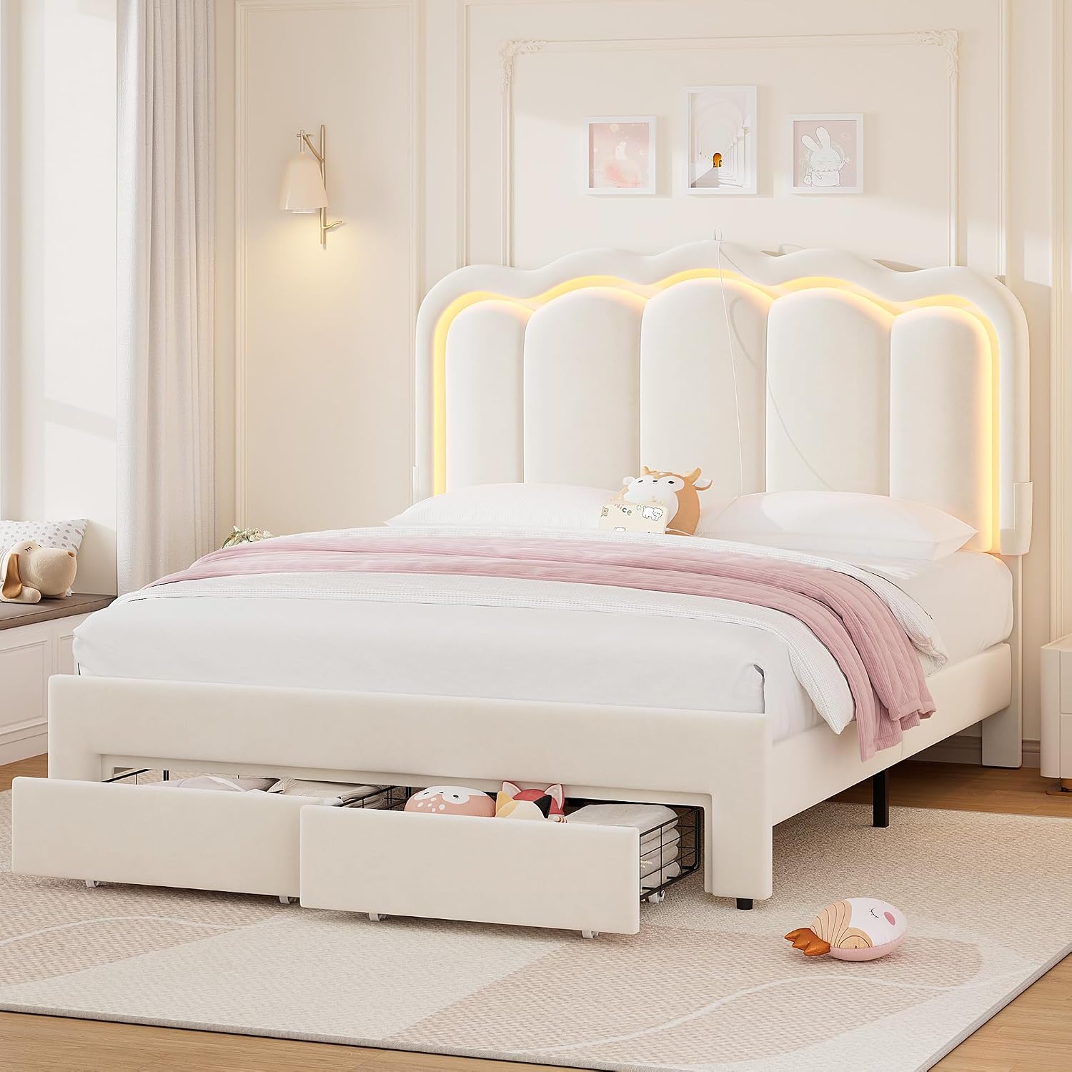 Beige Velvet LED Storage Platform Bed