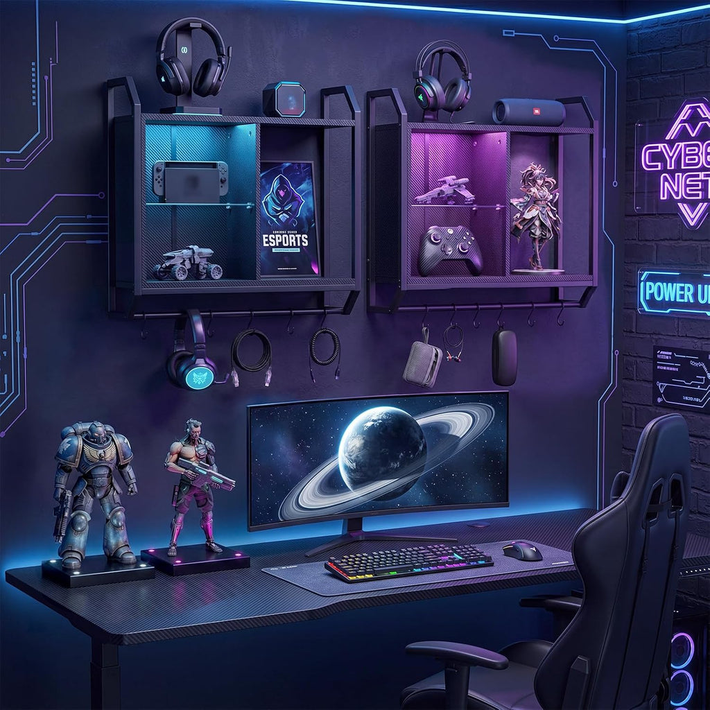 LED Gaming Floating Wall Shelves with Hooks