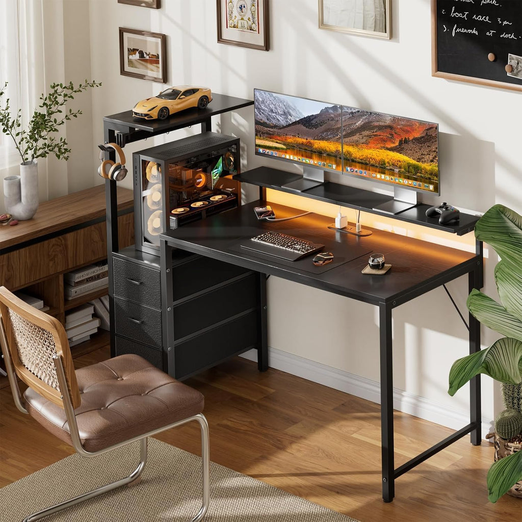 Black Gaming Desk with LED, Power Outlets & Drawers