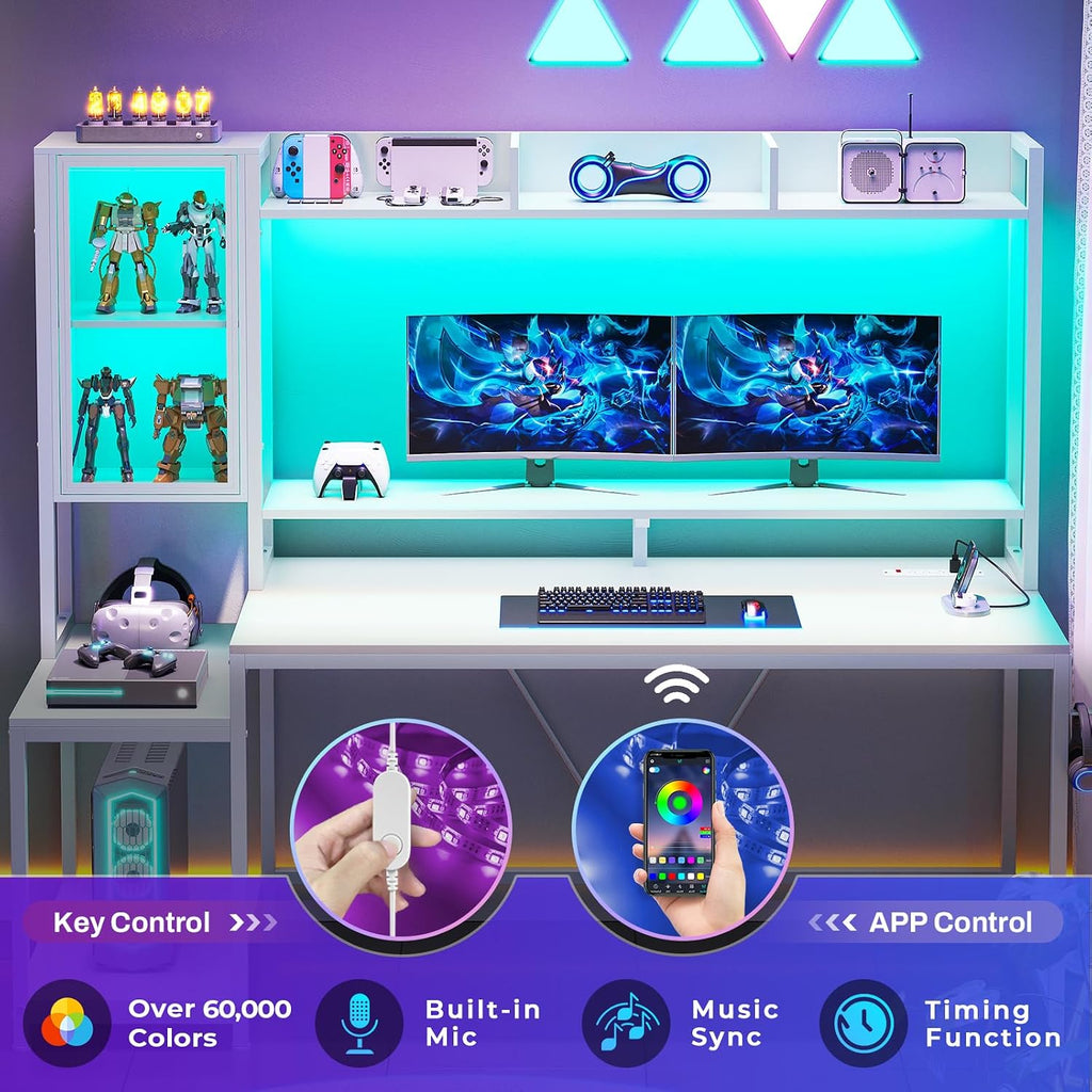 White Gaming Desk with Hutch, LED Lights & Storage
