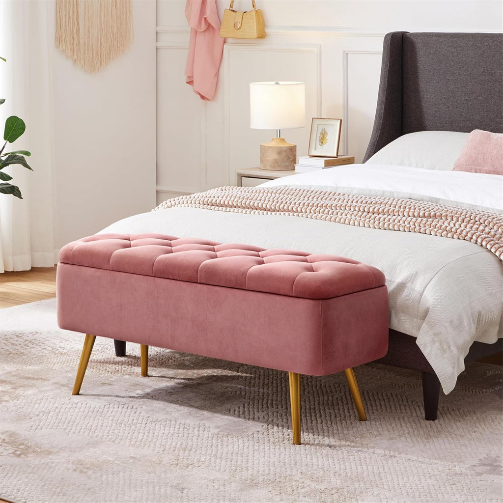 Pink Velvet Tufted Storage Ottoman Bench with Gold Legs