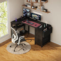 Black L‑Shaped Gaming Desk with Drawers & Power Outlet