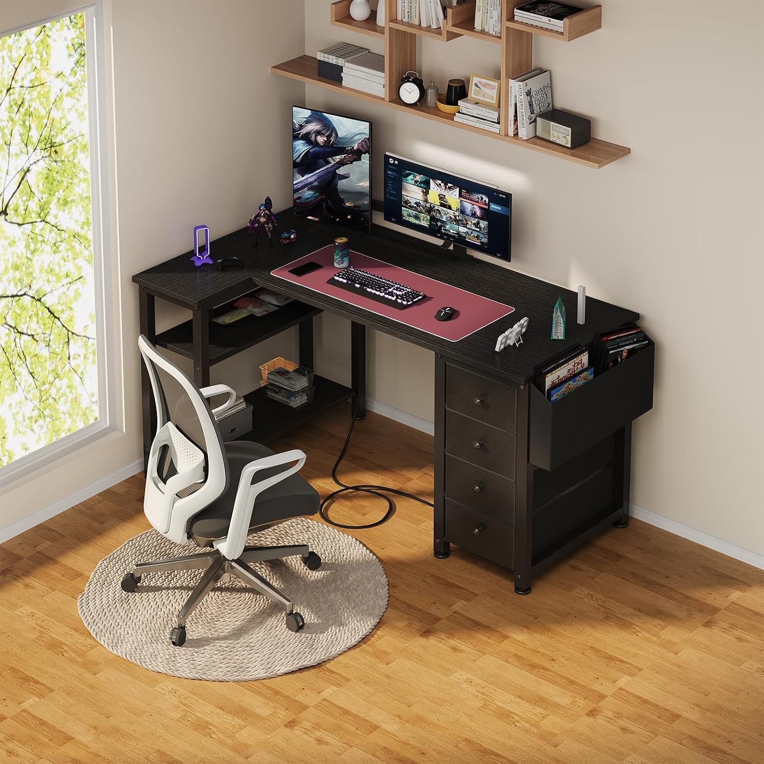 Black L‑Shaped Gaming Desk with Drawers & Power Outlet
