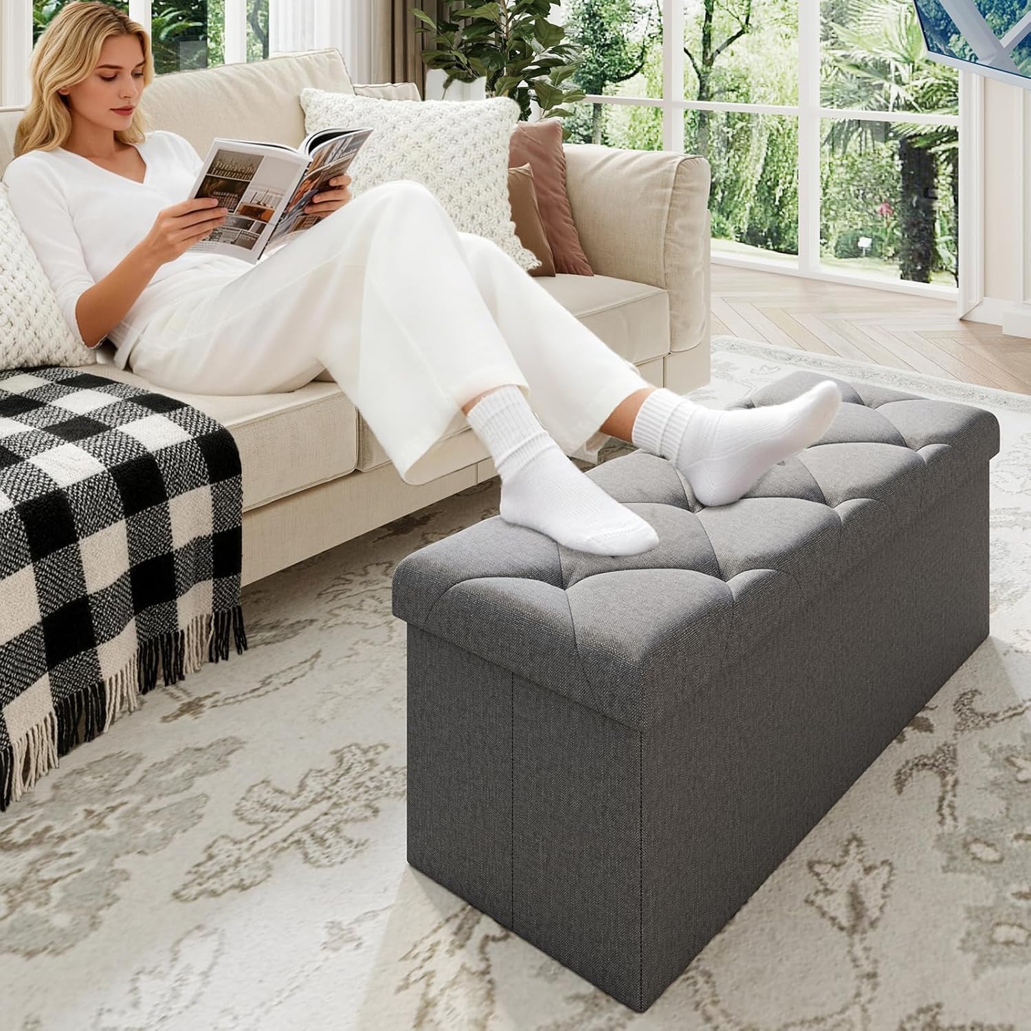 Dark‑Gray Folding Storage Ottoman Bench