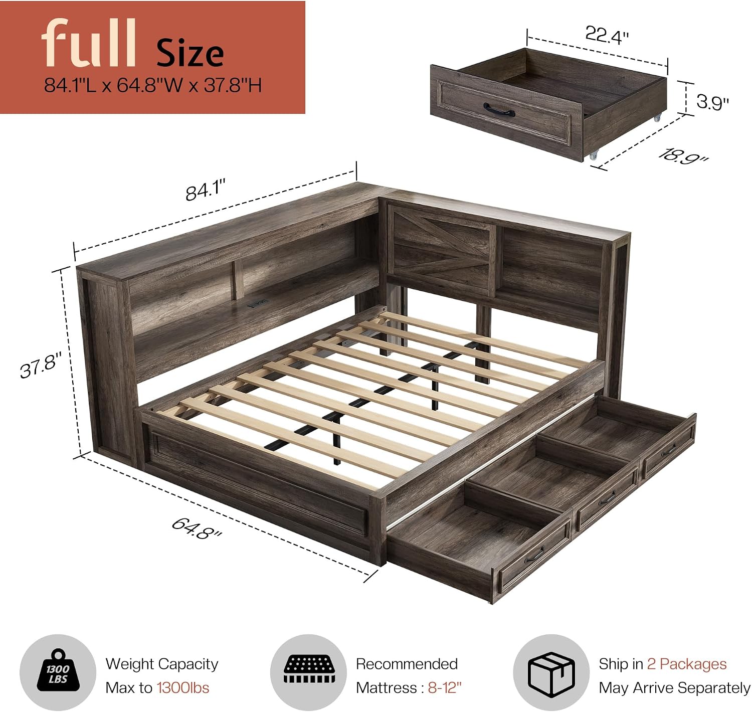 Gray Corner Bed Frame with Bookcase, Drawers & RGB LED Lights