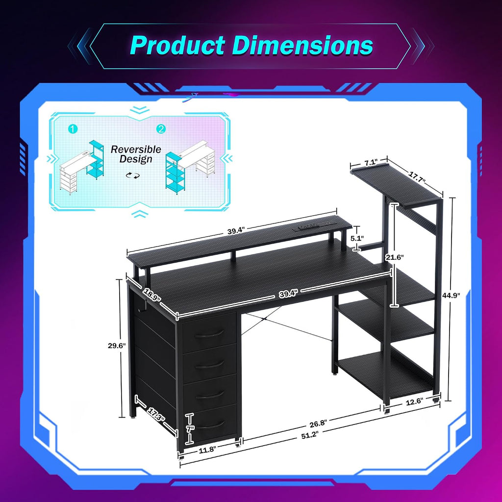 Black Gaming Desk with Drawers, LED & PC Tower Stand