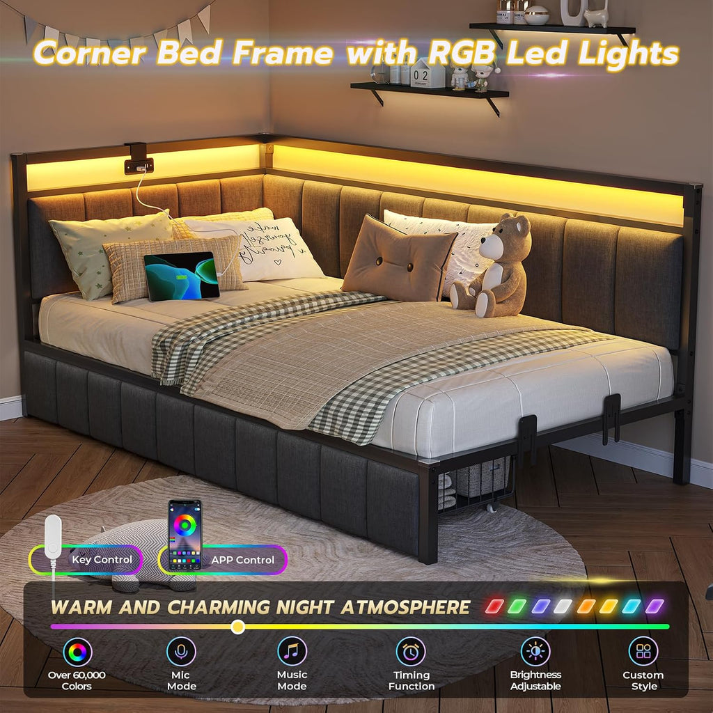 Gray LED Corner Twin‑XL Storage Bed