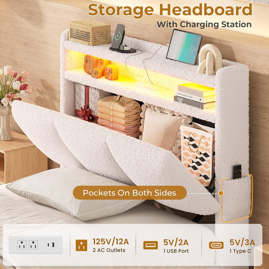 Off‑White Boucle LED Storage Twin Bed