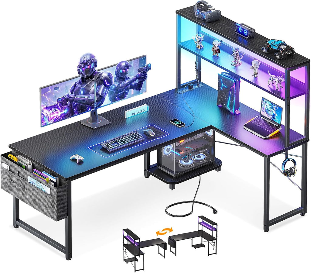 Black L‑Shaped Gaming Desk with LED, Outlets & Shelves