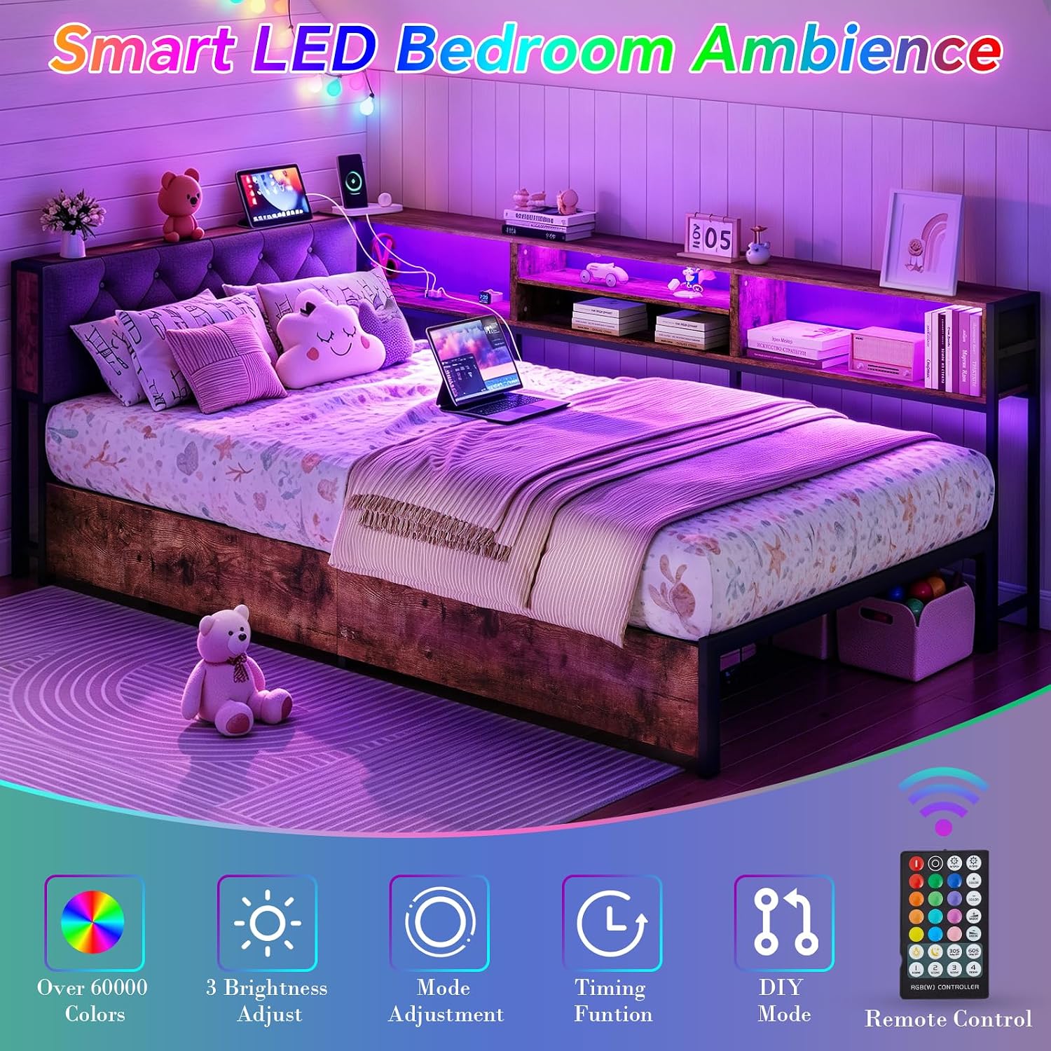 Brown LED Corner Twin Bed with Storage
