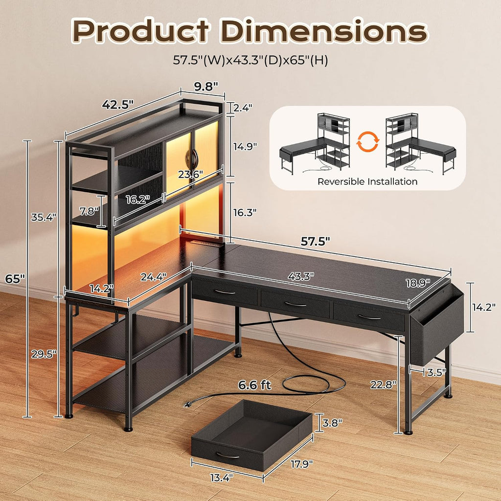 Black L‑Shaped Gaming Desk with LED, Power Outlets & USB‑C Port