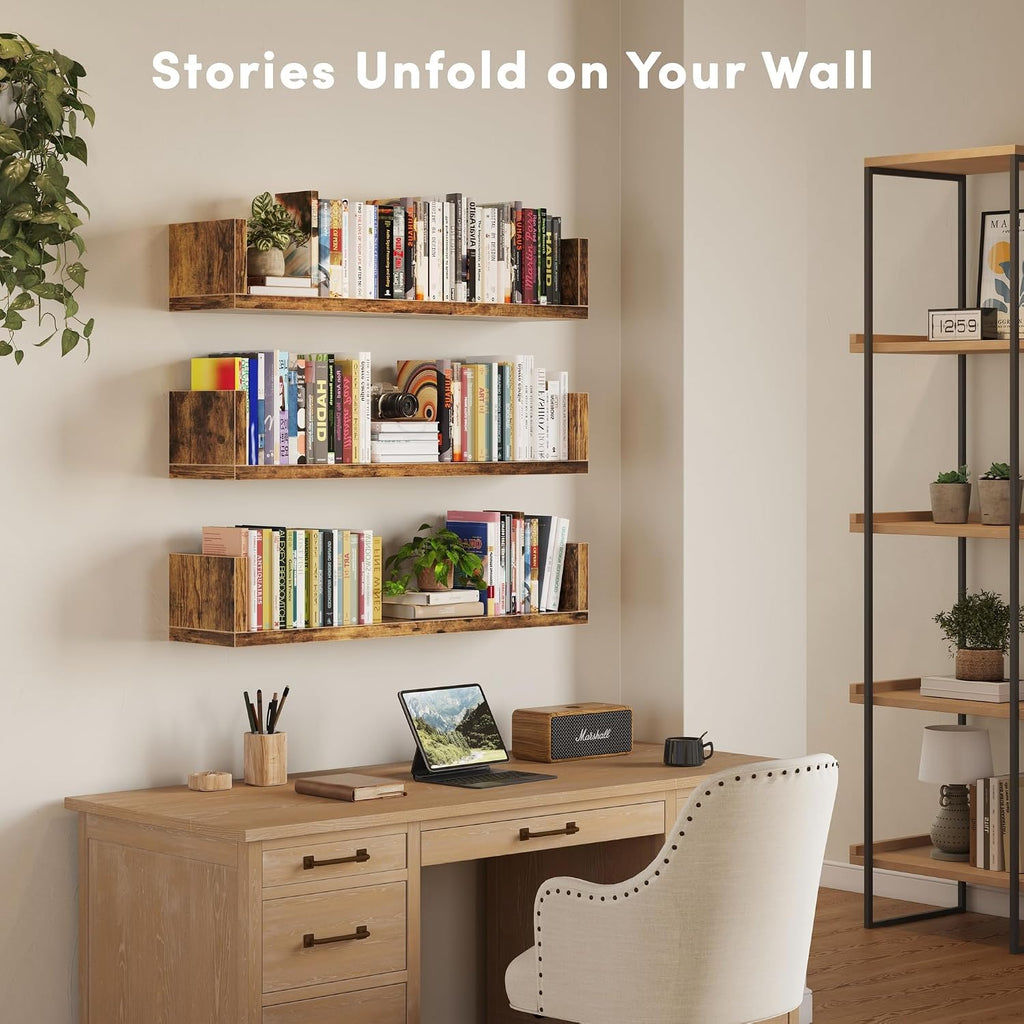 Rustic‑Brown U‑Shaped Floating Wall Bookshelves Set of 3