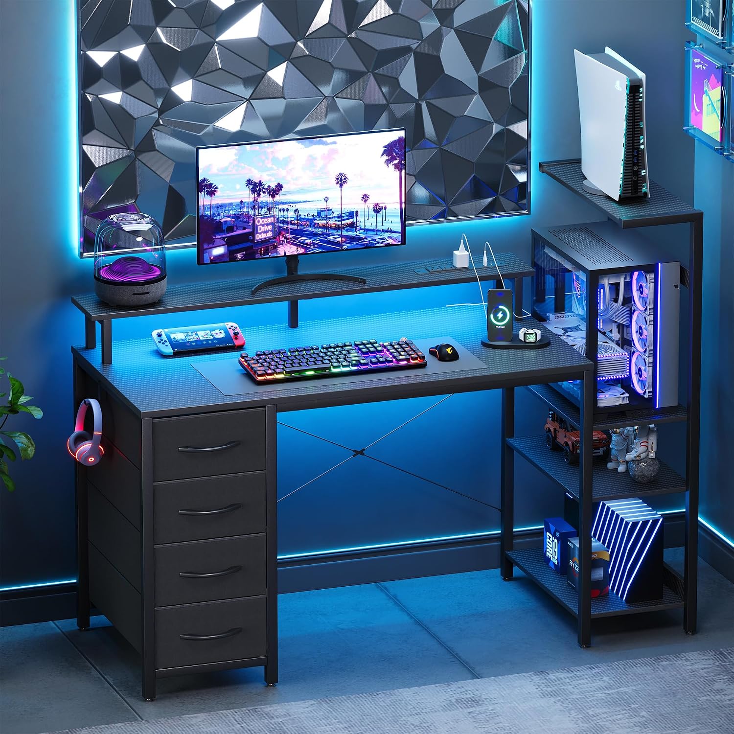 Black Gaming Desk with Drawers, LED & PC Tower Stand