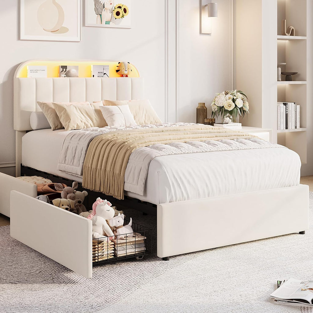 Ivory Velvet LED Storage Twin Bed