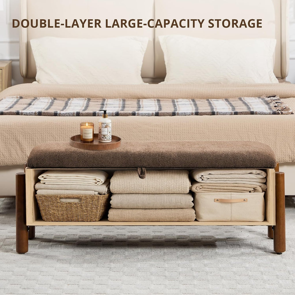 Brown Fabric Storage Ottoman Bench with Walnut Legs