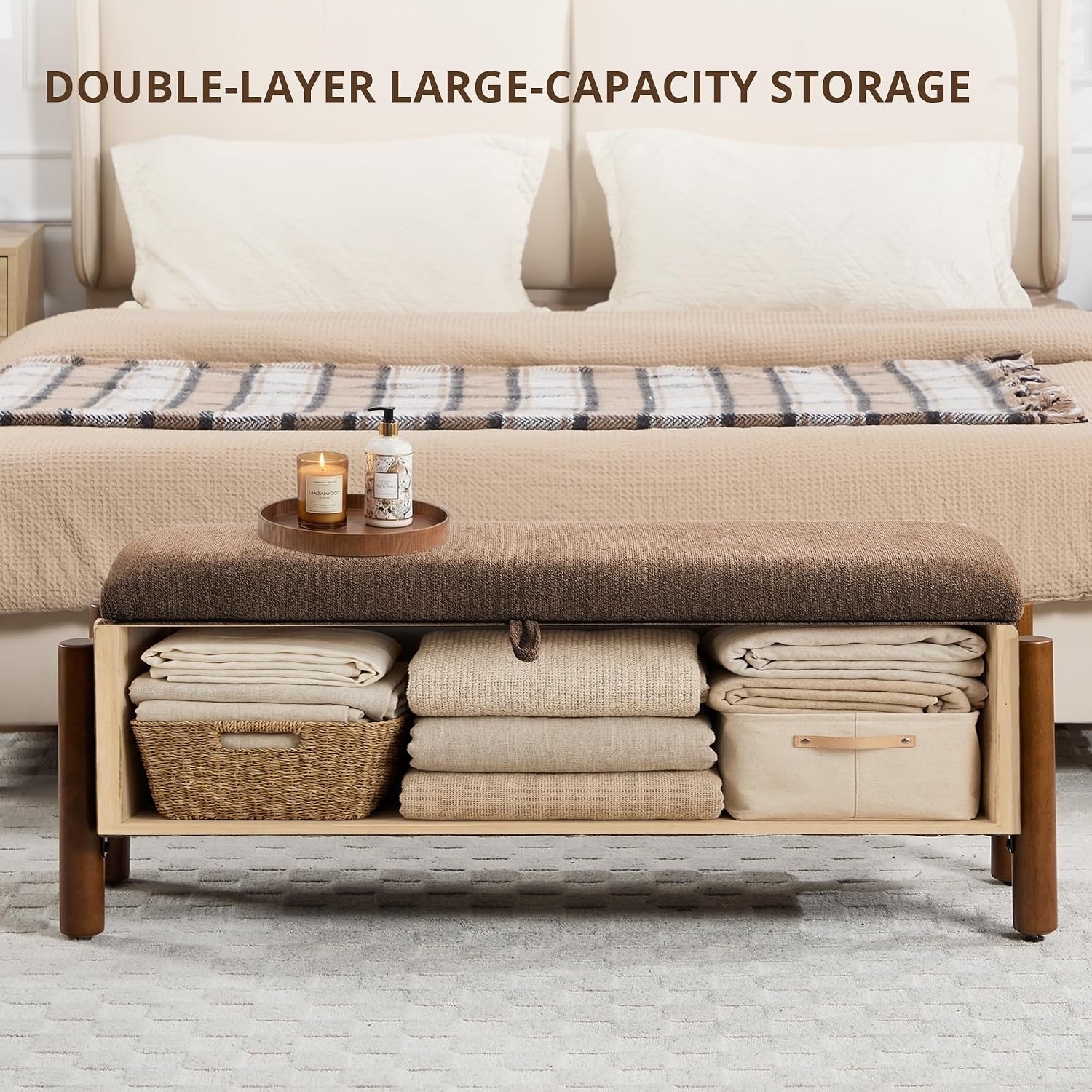 Brown Fabric Storage Ottoman Bench with Walnut Legs
