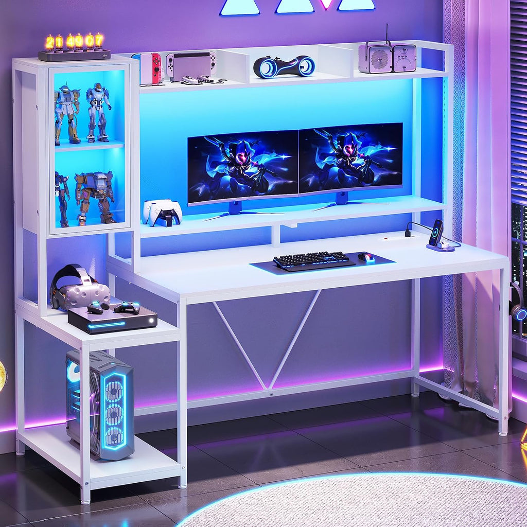 White Gaming Desk with Hutch, LED Lights & Storage