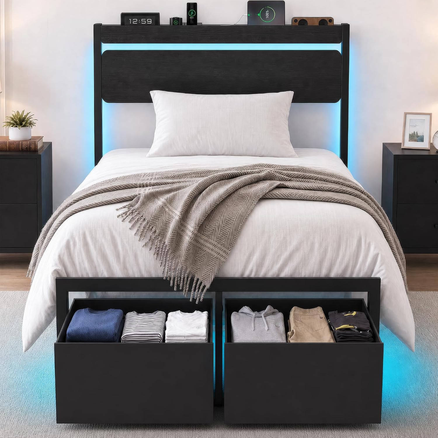 LED Storage Twin Platform Bed Frame