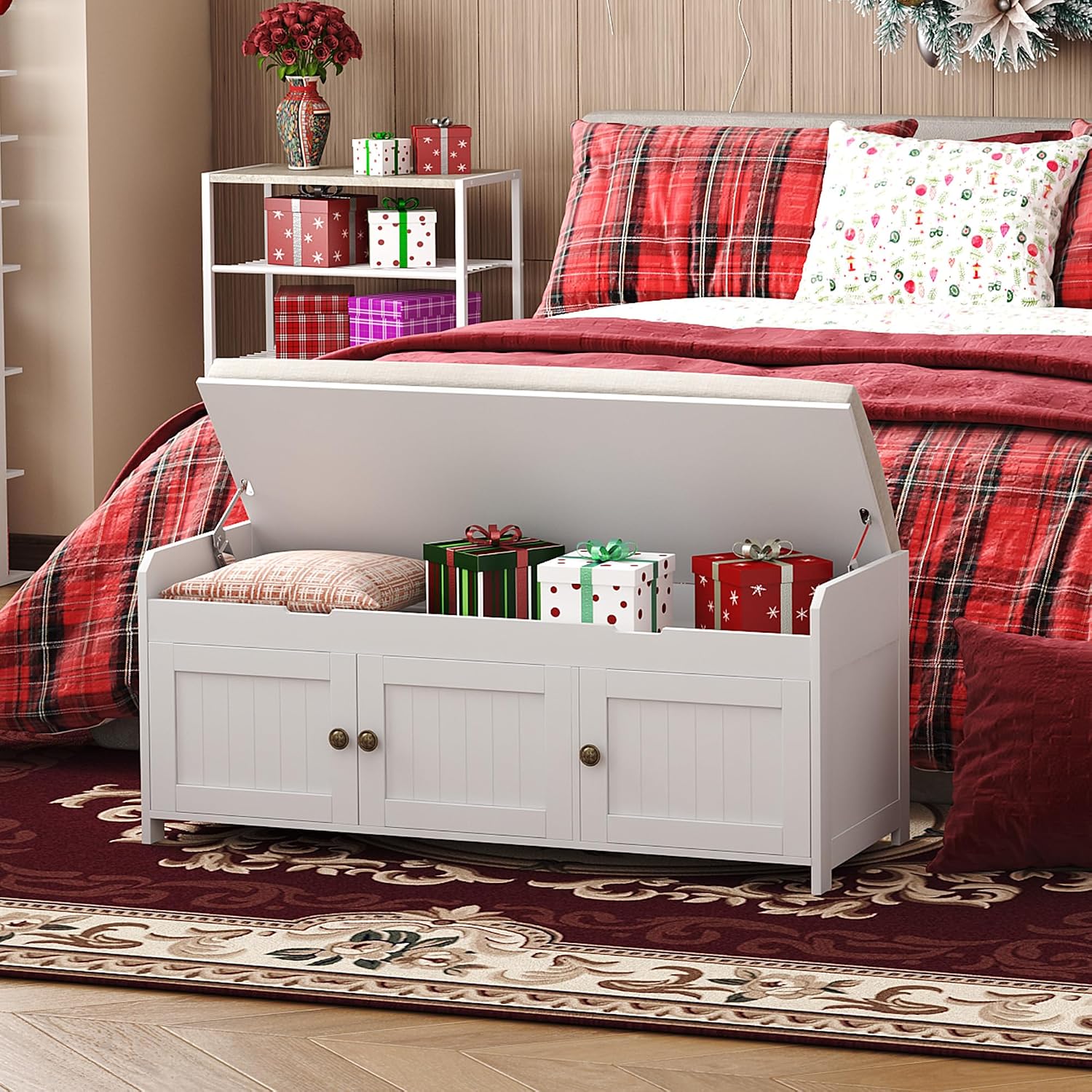 White Lift‑Top Storage Entryway Shoe Bench