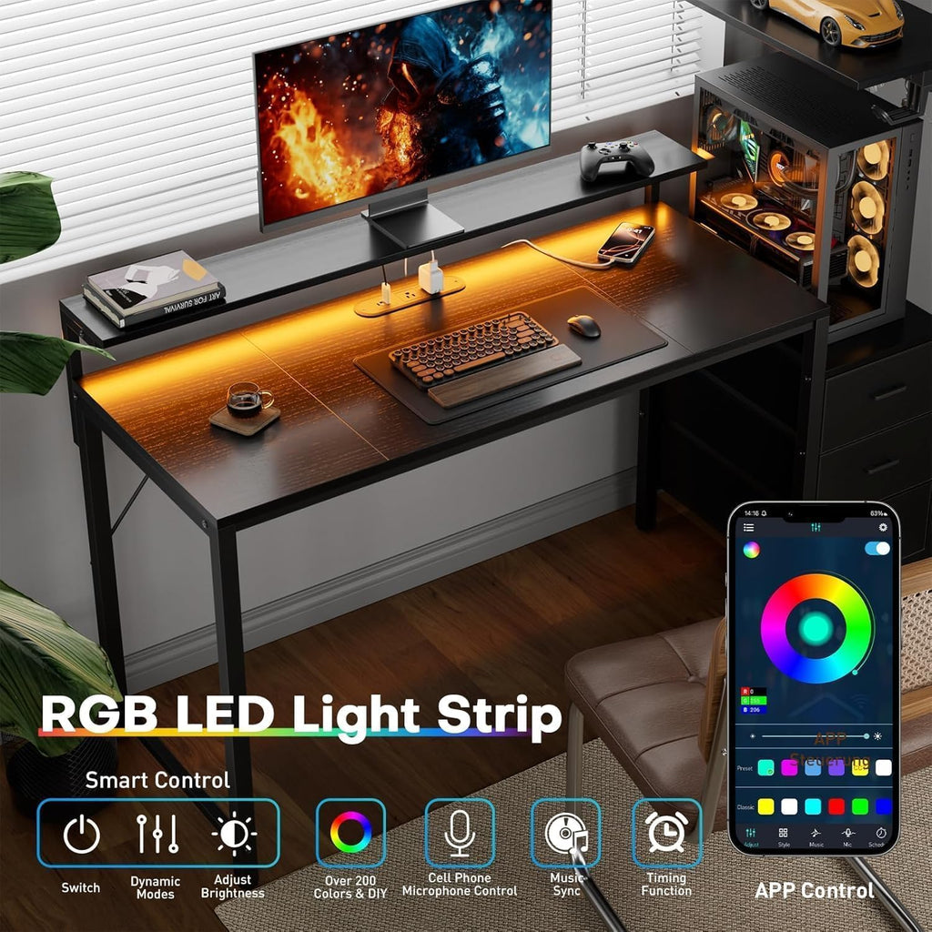 Black Gaming Desk with LED, Power Outlets & Drawers