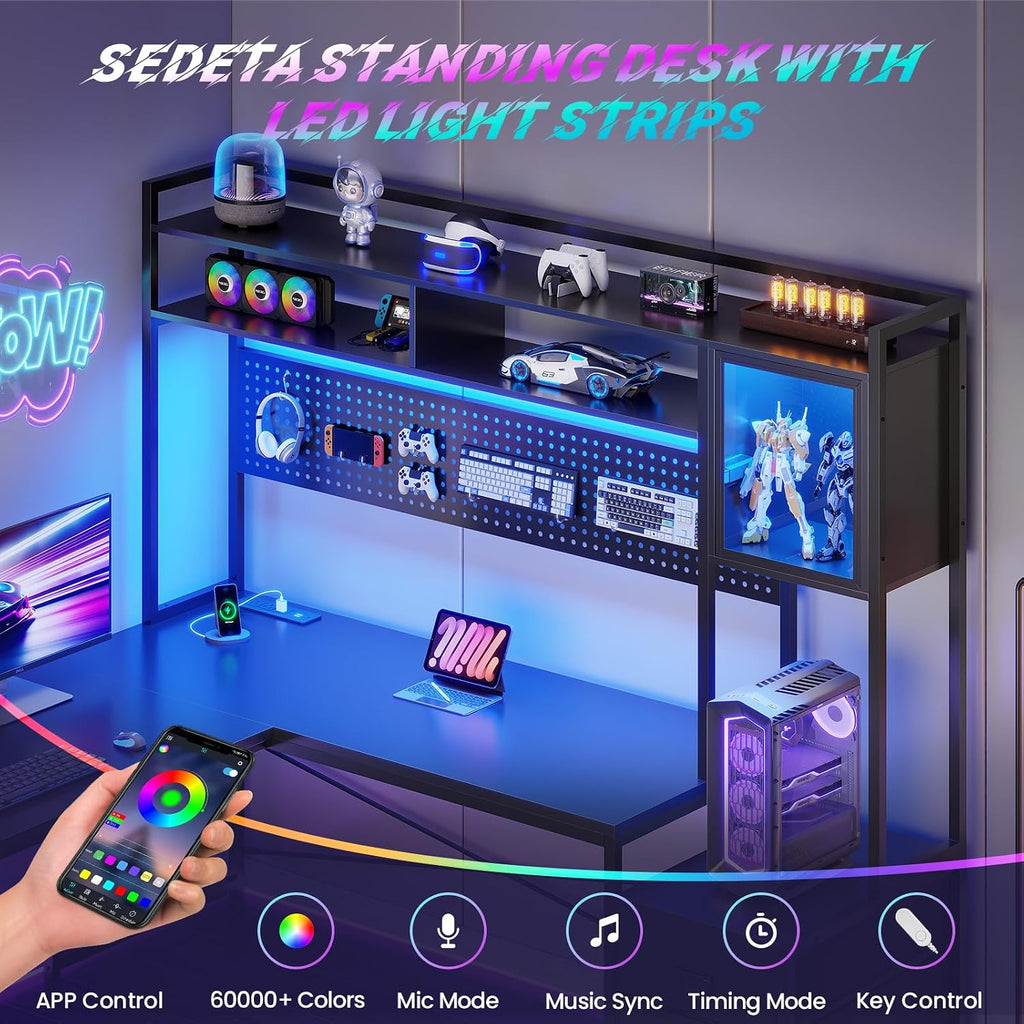 Black L‑Shaped Gaming Desk with Drawers & LED Hutch