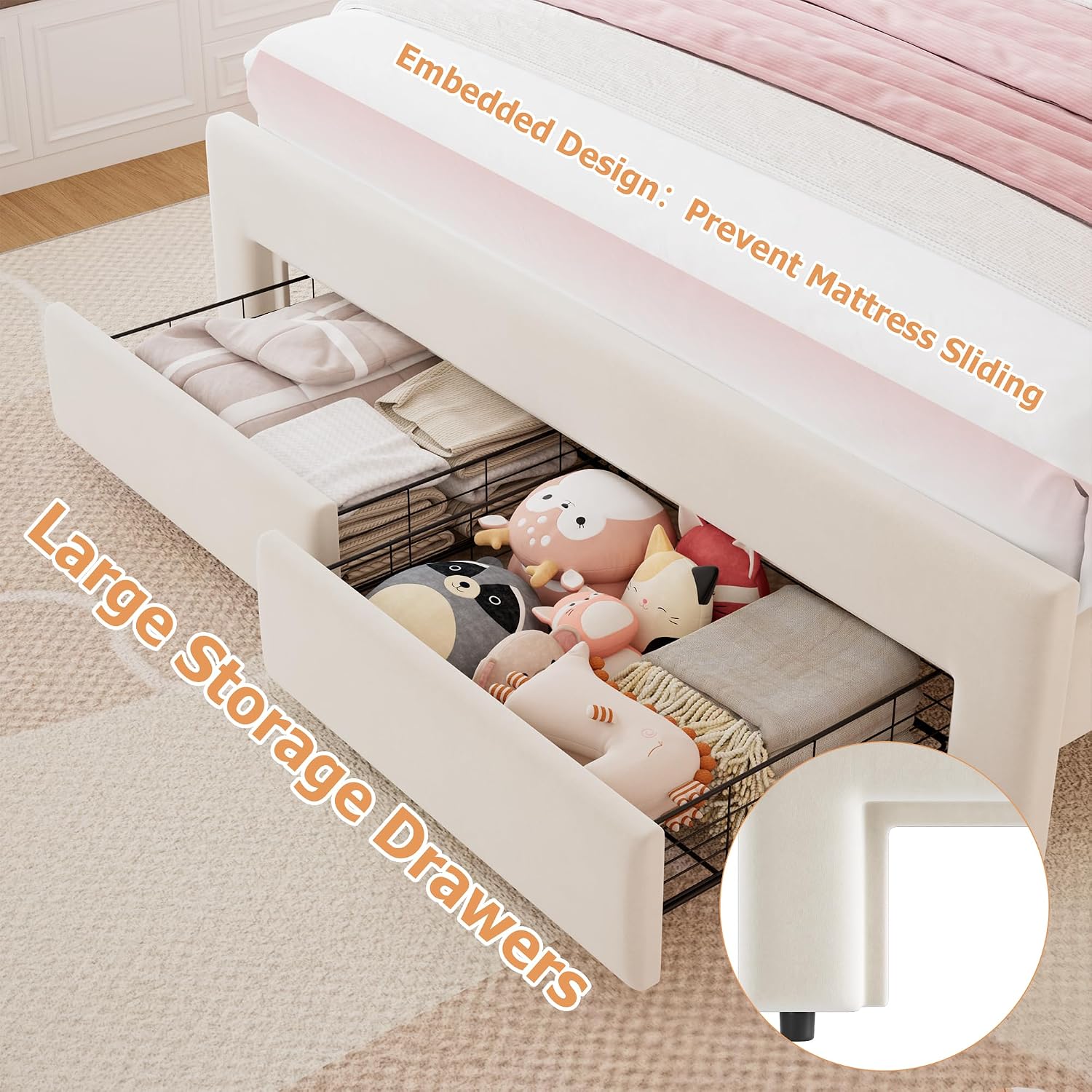 Beige Velvet LED Storage Platform Bed