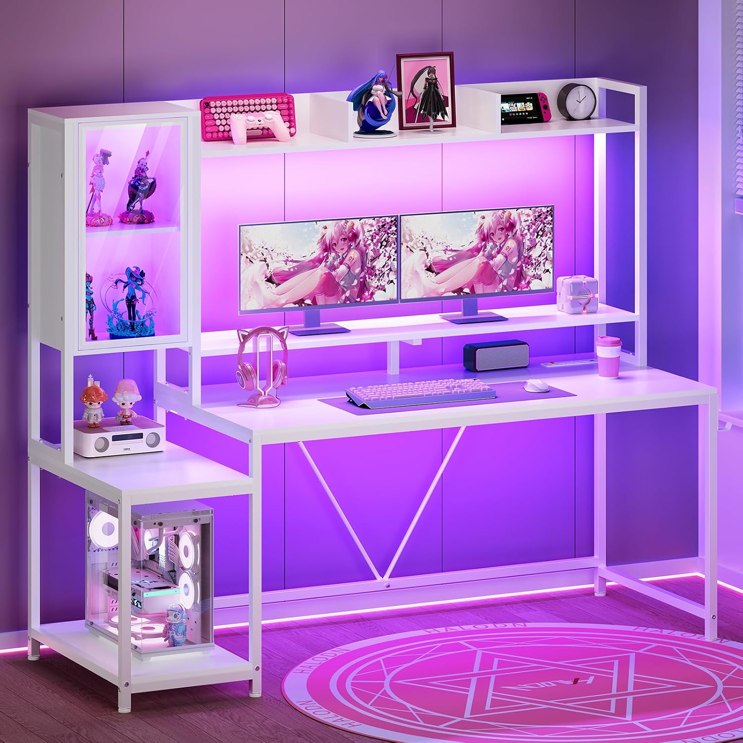 White Gaming Desk with Hutch, LED Lights & Storage