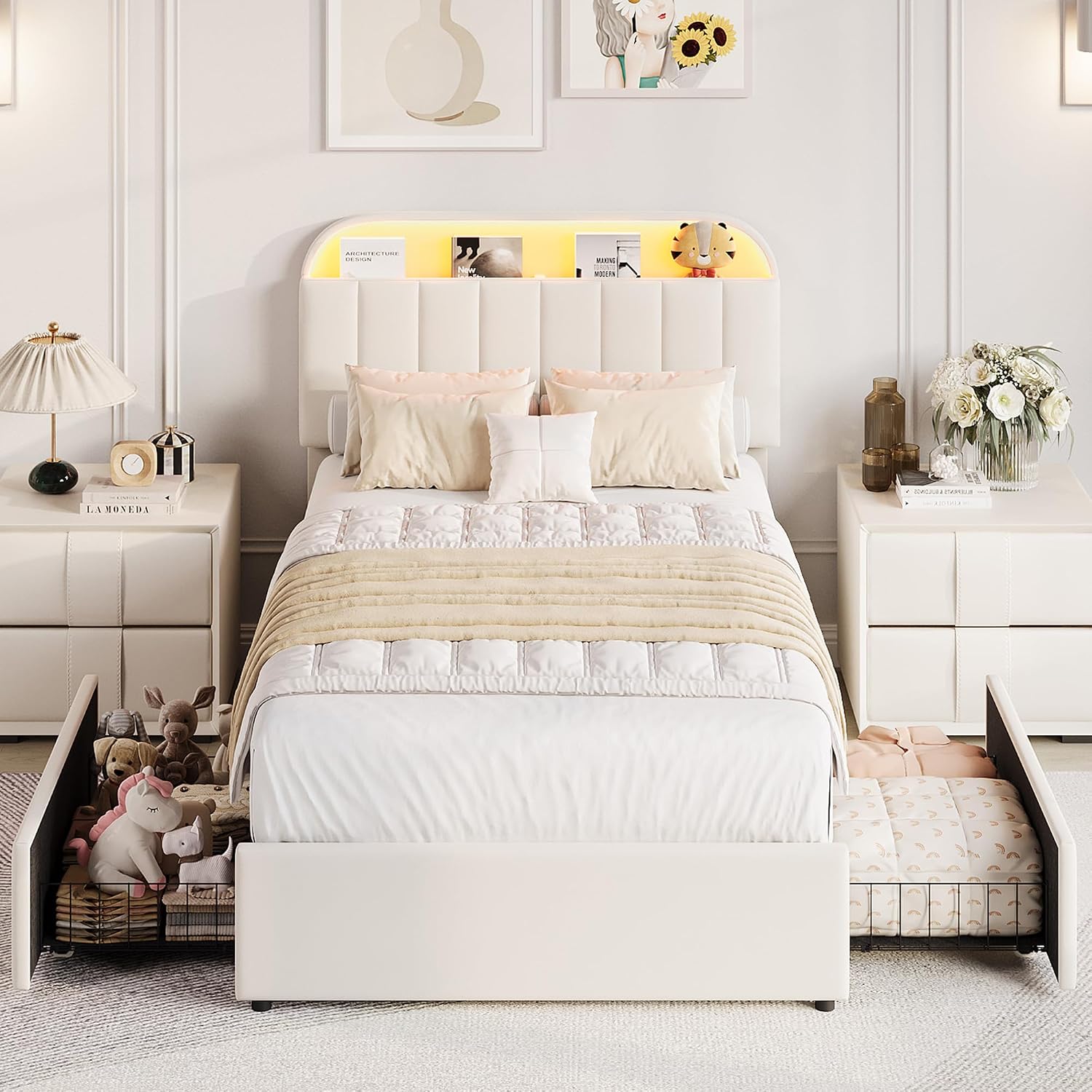 Ivory Velvet LED Storage Twin Bed