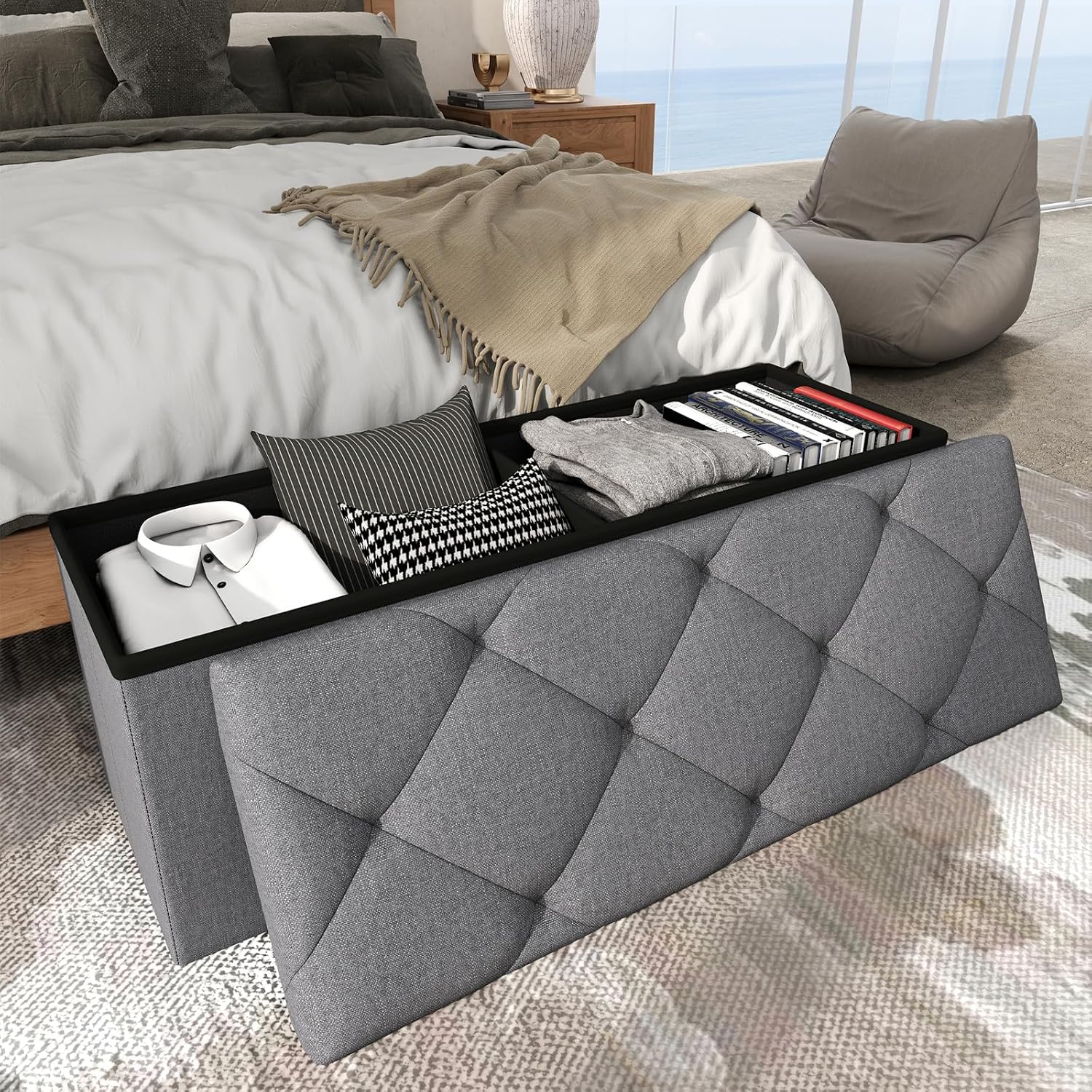 Dark‑Gray Folding Storage Ottoman Bench