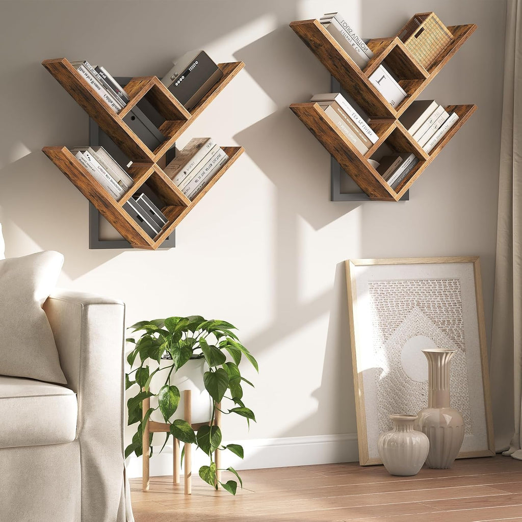 Rustic‑Brown Tree‑Shaped Floating Wall Shelves Set of 2