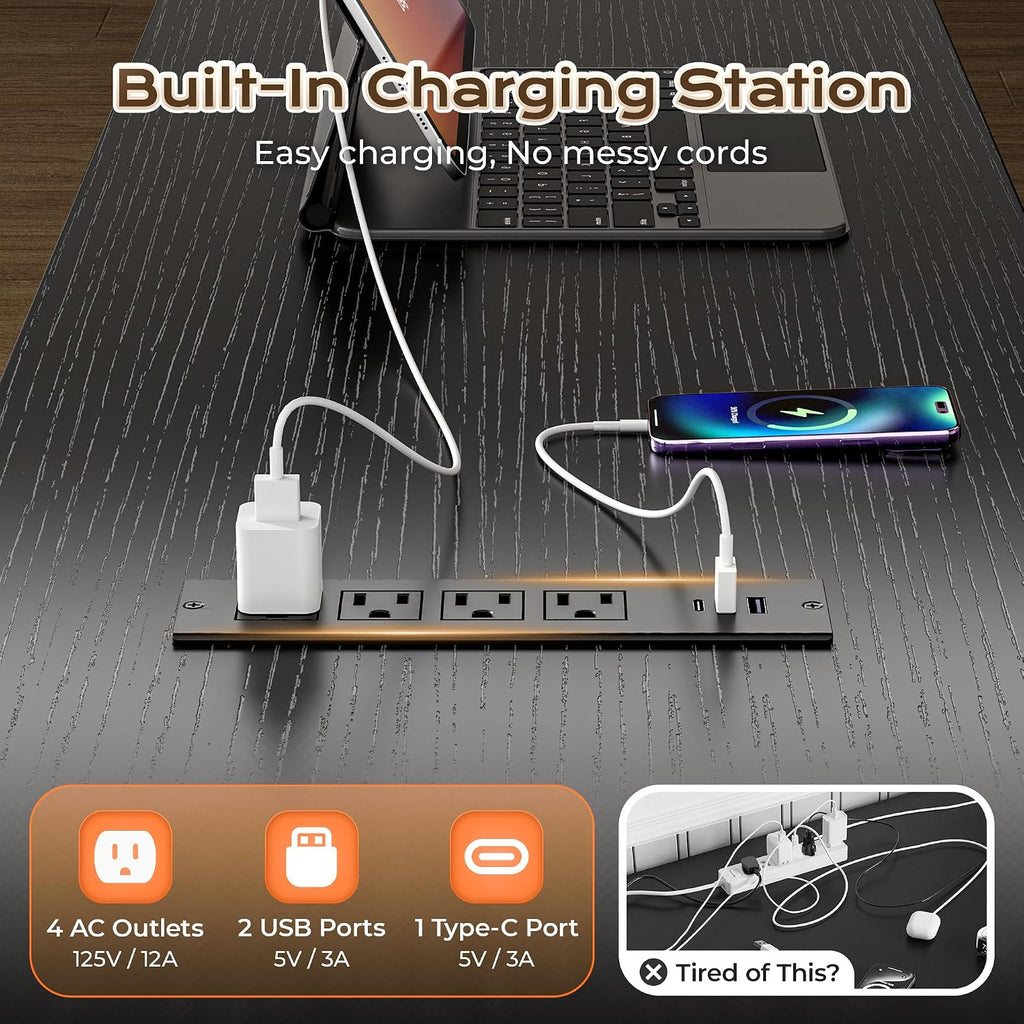 Black L‑Shaped Gaming Desk with LED, Power Outlets & USB‑C Port