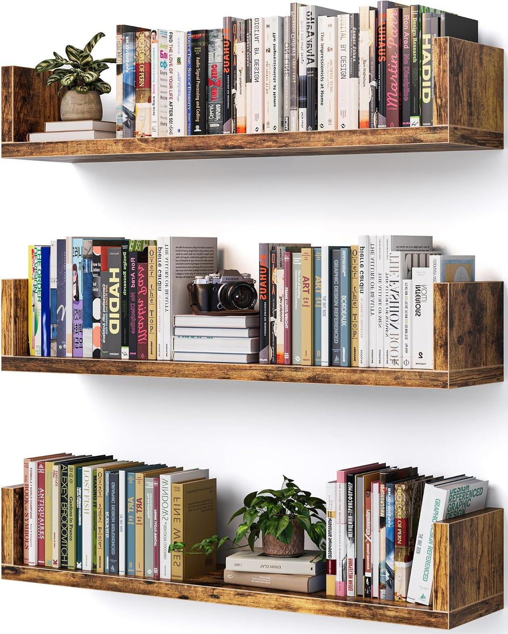 Rustic‑Brown U‑Shaped Floating Wall Bookshelves Set of 3
