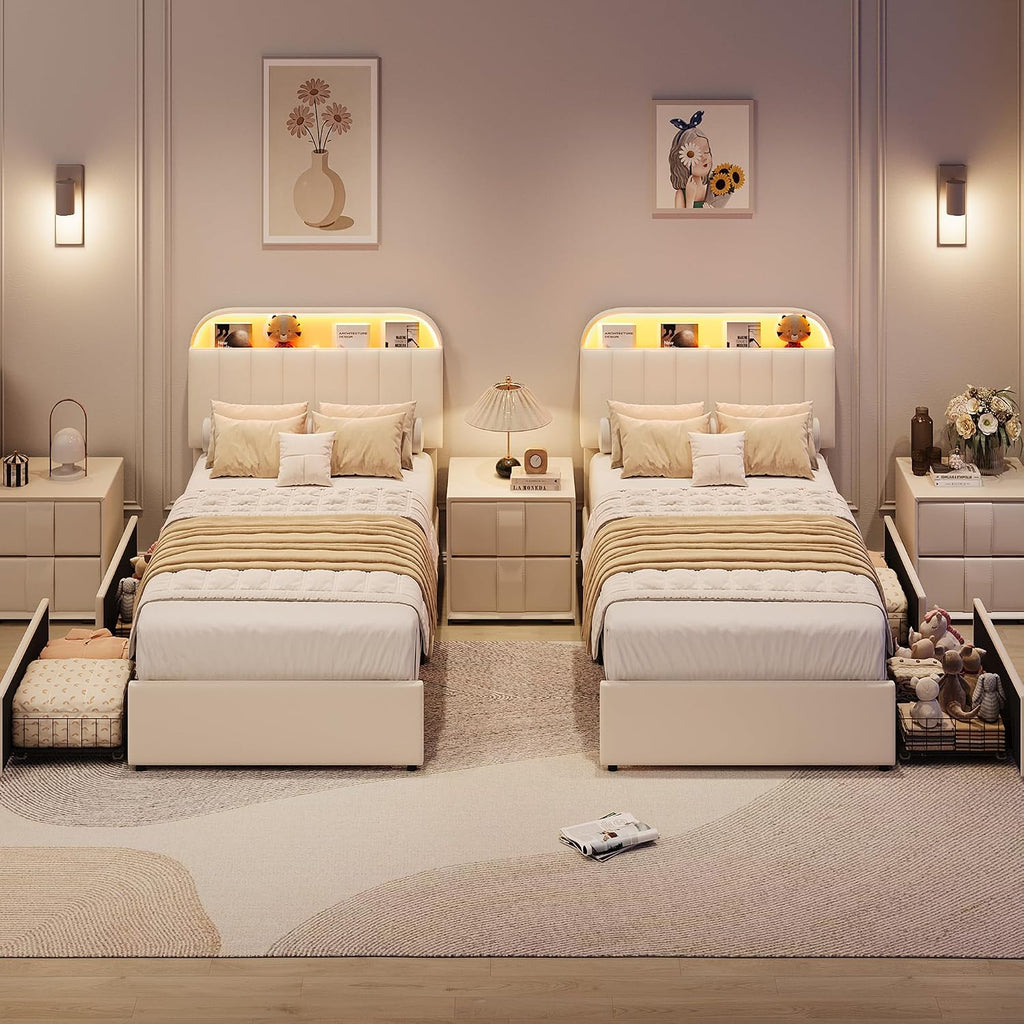 Ivory Velvet LED Storage Twin Bed