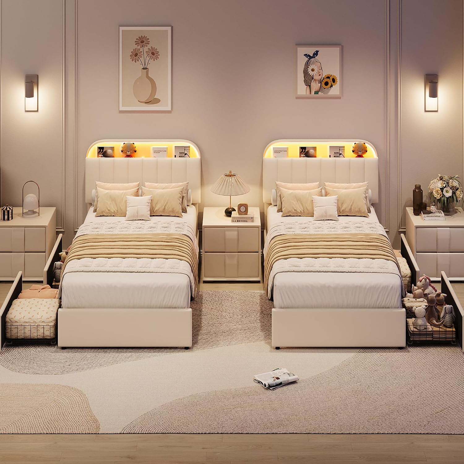 Ivory Velvet LED Storage Twin Bed